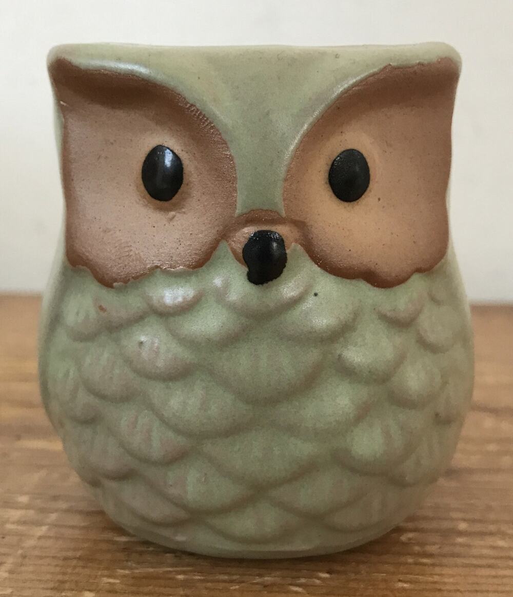 Vintage Style Small Stoneware Terracotta Clay Green Owl Planter 2.25" Tall